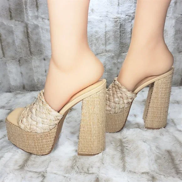 ☆ Cape Robbin Yara Nude Braided Strap High Block Heel Slip On Heeled Sandals - Picture 8 of 15